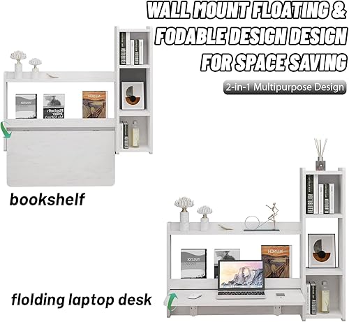 Miniatura 13 de Pmnianhua Escritorio flotante, mesa plegable de 41 pulgadas para montar en la pared, escritorio plegable para computadora portátil con estantes de
