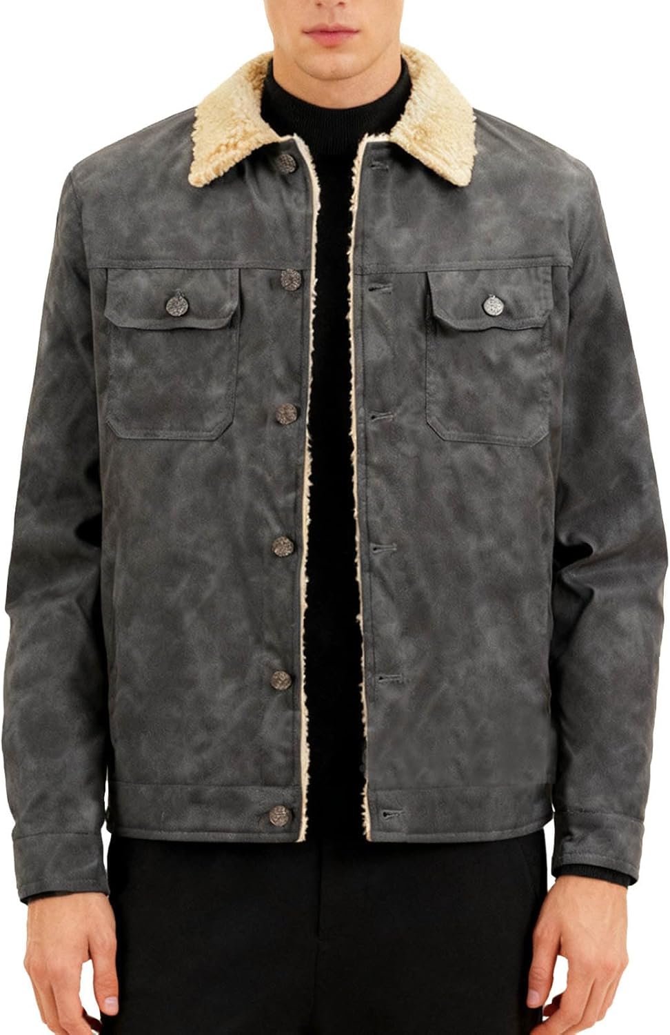 Warm Soft Jacket for Men Classic Long Sleeve Button Down Coats Sherpa Lined Fall Winter Outfits with Pockets