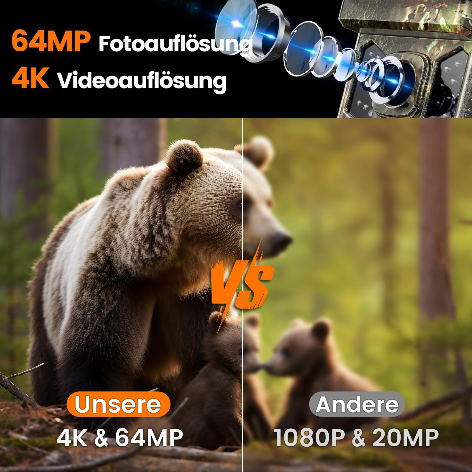 XTU Wildkamera 4K WLAN mit Handyübertragung, Bewegungsmelder Nachtsicht, IP66 Wasserdicht, 3 Stromversorgungsoptionen, 0,2s Auslösen