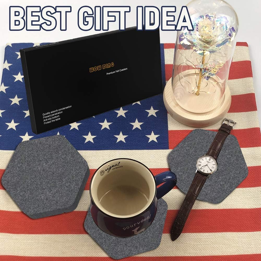 8 PCS Coasters for Drinks, Absorbent Felt Coasters - Increase The Waterproof and Anti-Skid Layer, Grey Hexagon Drink Coaster, Premium Packaging, Housewarming Gifts for New Home
