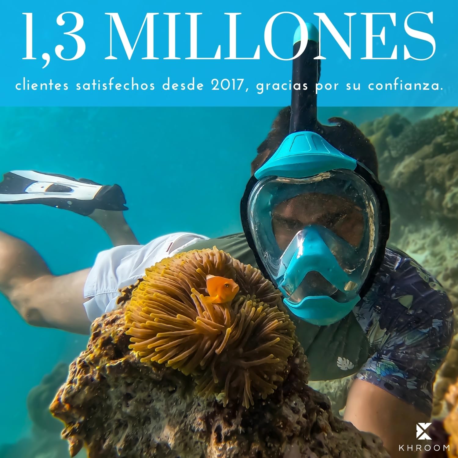 Khroom Máscara de esnórquel para Adultos y niños - Seaview Y | Sin Problemas de CO2 | Máscara Completa para Snorkeling| Equipo de Snorkel con máscara Integral Completa para Adultos S/M Turquesa+Case