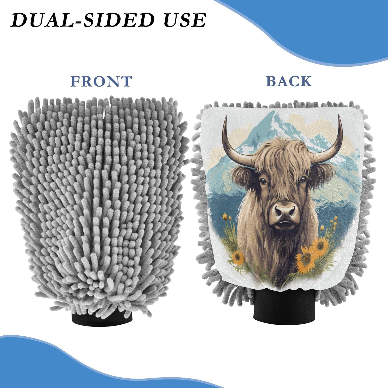 ALAZA Cattle Car Wash Mitt Scratch Free, 2 Pack Absorbent Microfiber/Chenille Washing & Drying Mitts, M