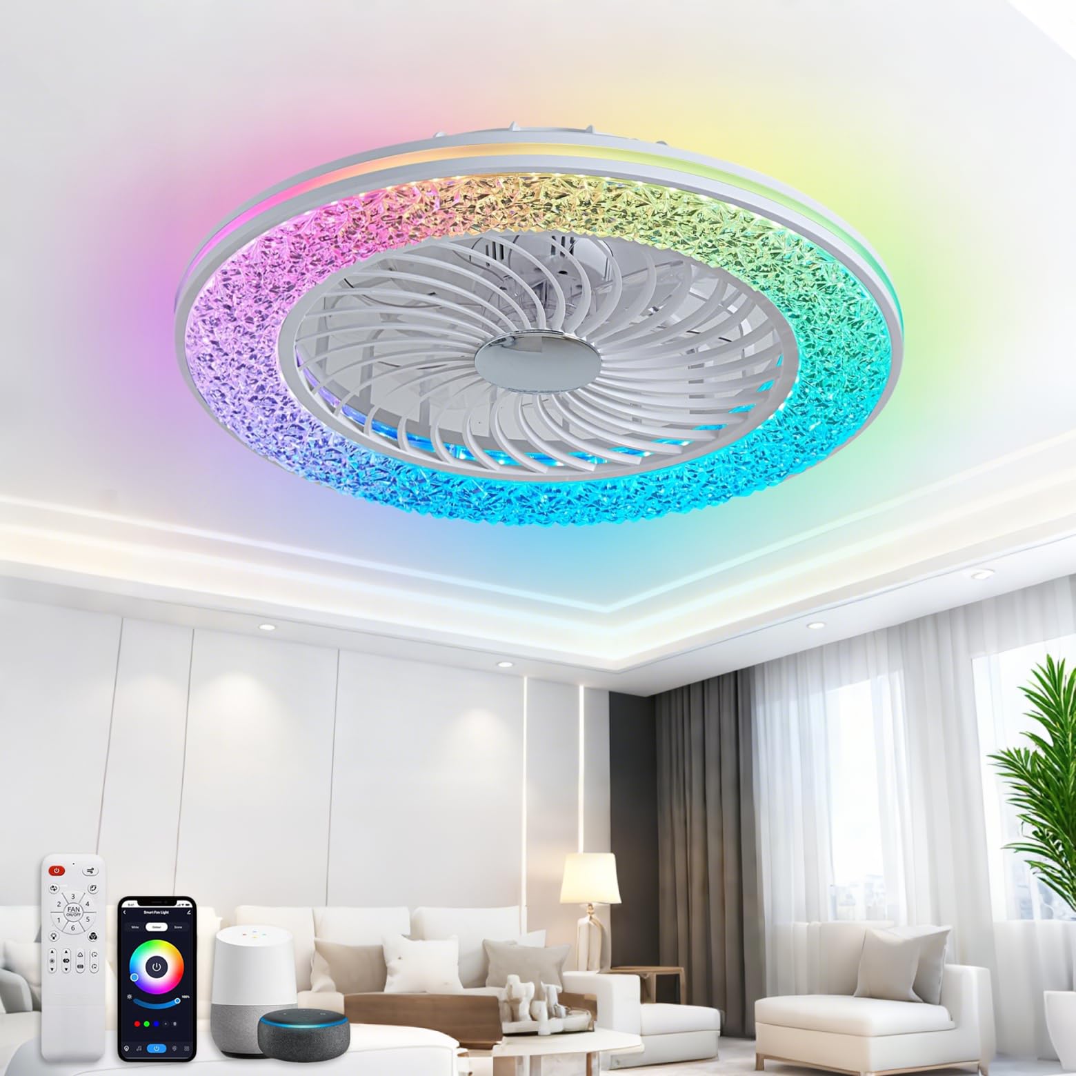 Smarte Deckenventilator mit Beleuchtung Kompatibel mit Alexa und Google Assistant RGB Deckenleuchte mit Ventilator Dimmbar mit Fernbedienung Leiser Fan Deckenlampe für Schlafzimmer Wohnzimmer Ø50CM