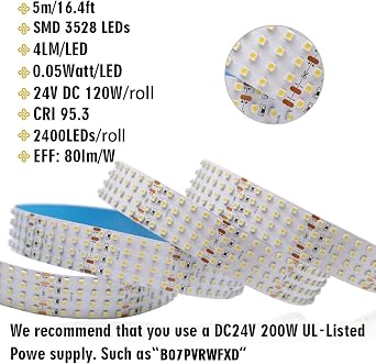 Quad Row LED Strip Lights - 24VDC 3528SMD 146LEDs/Ft High CRI 95 - Brightest Flexible LED Tape Lights - 1,170 Lumens/Ft - 2400 LEDs 16.4Ft Per Roll For photographic Lighting(White 6000K)