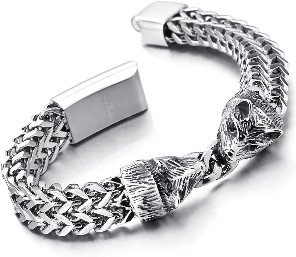 Men's Stainless Steel Double Square Franco Chain Bracelet - Wolf Head Clasp, Polished/Black, 8.46"