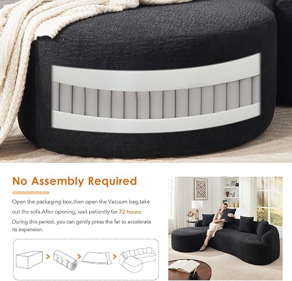 Yozma L Shaped Sofa, Sectional Sofa, Modular Couch, Chenille L Sofa with Curved Chaise, Black Boneless Floor Couch with 30D High Density Foam, 4 Pillows, for Living Room Bedroom Apartment Lounge