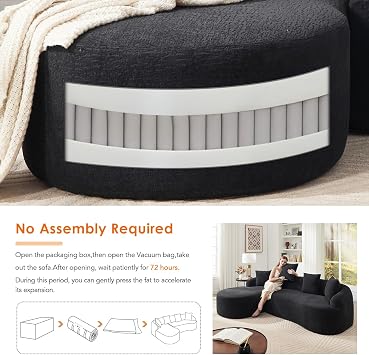 Yozma L Shaped Sofa, Sectional Sofa, Modular Couch, Chenille L Sofa with Curved Chaise, Black Boneless Floor Couch with 30D High Density Foam, 4 Pillows, for Living Room Bedroom Apartment Lounge