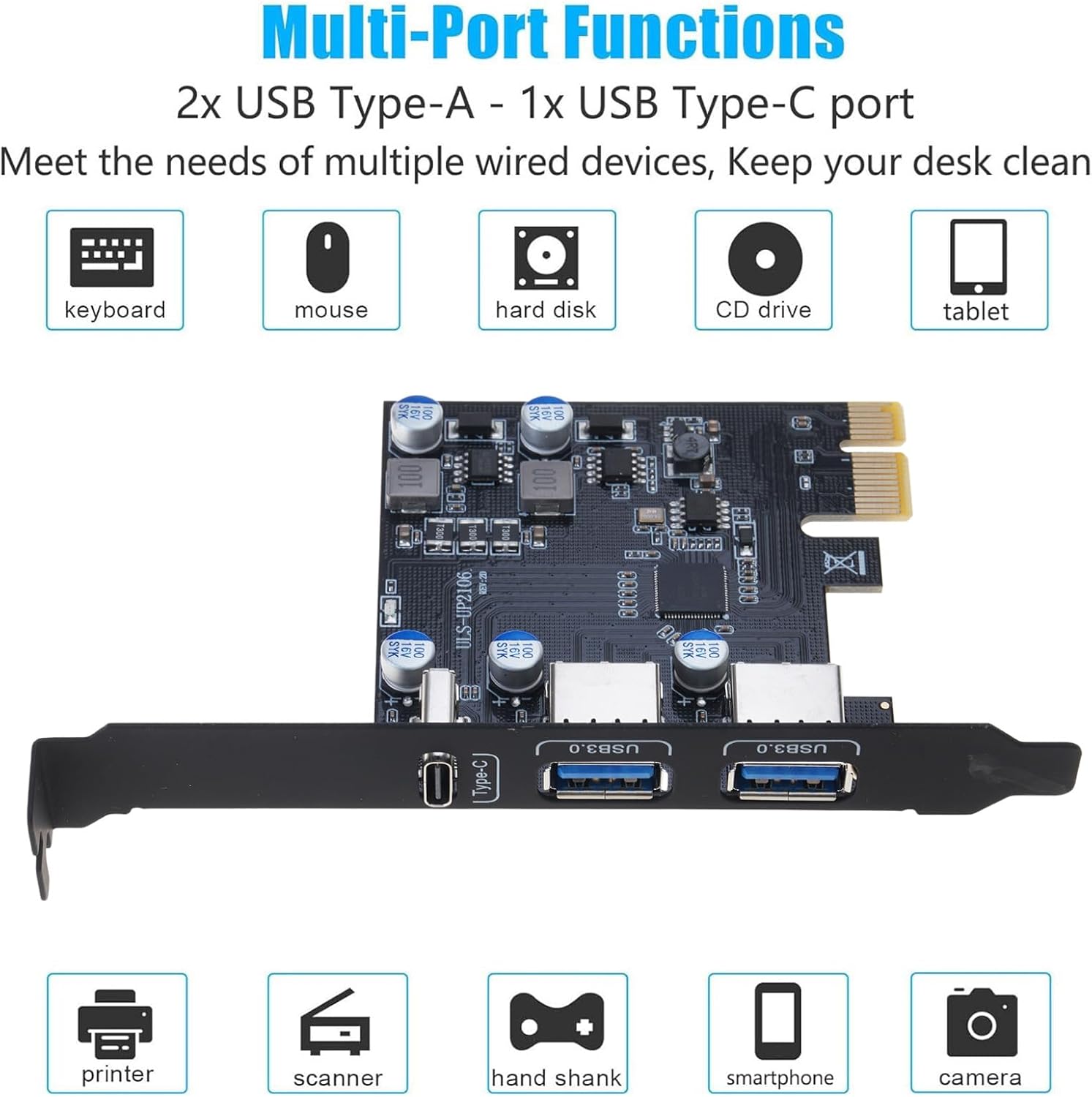 PCIE to USB3.0 Expansion Card, 3 Port USB C USB a with Power Easy Installation for Desktop Adapter Card Fast Speed Data Transfer