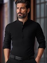 Mens Long Sleeve Henley Collar Shirt Casual Business Wear with Button Pocket Solid Colored Top