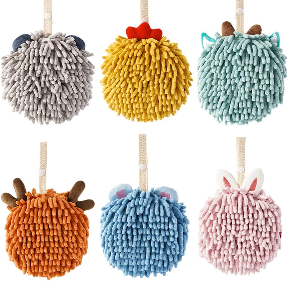 Fuzzy Ball Towel 6 Pack Cute Kids Chenille Hand Towels with Hanging Loop,Microfiber Kitchen Towels Hand Towel Ball for Bathroom(6 Pack)