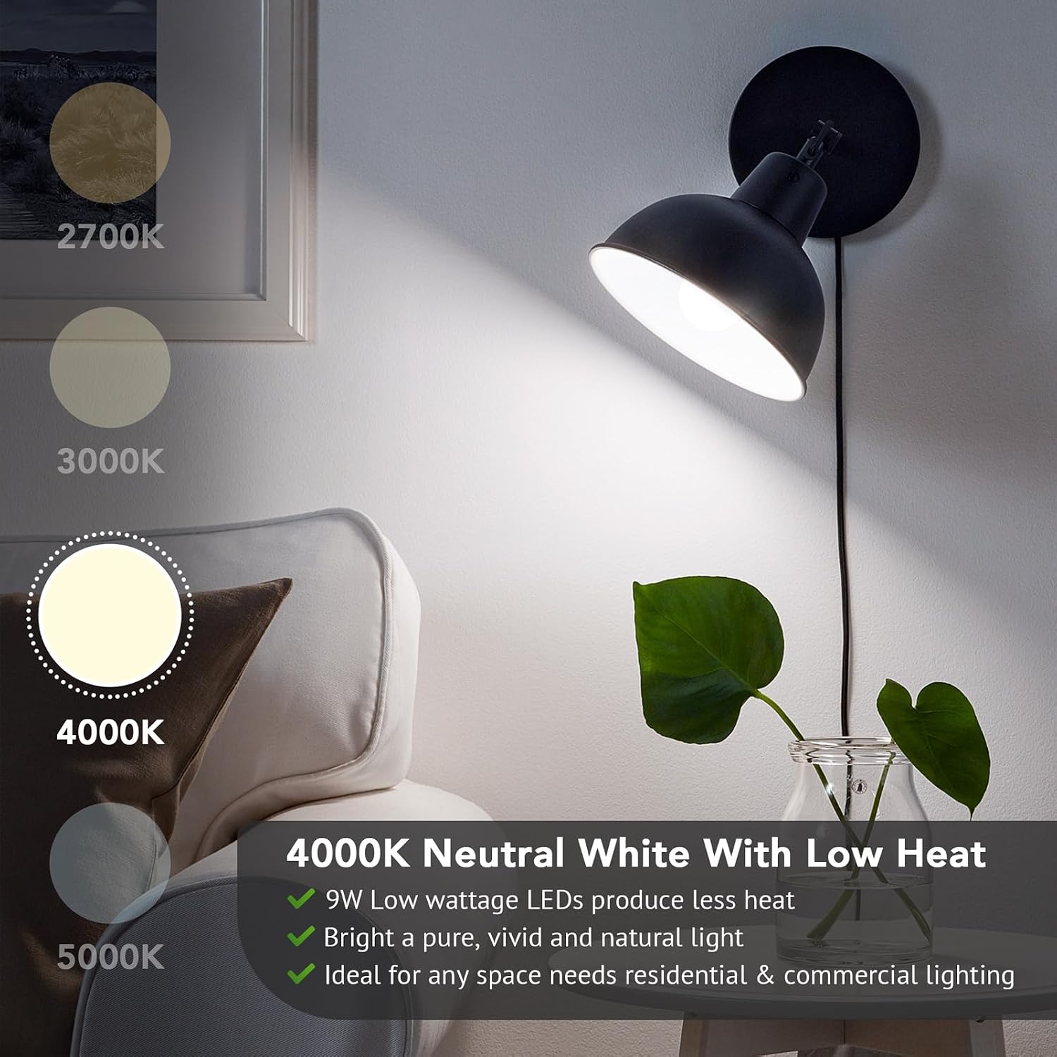 Maylaywood A19 LED Light Bulbs, 60 Watt Equivalent, 4000K Neutral White, 850LM, Non-Dimmable, E26 Base, 9W Bright White LED Bulbs, 4-Pack