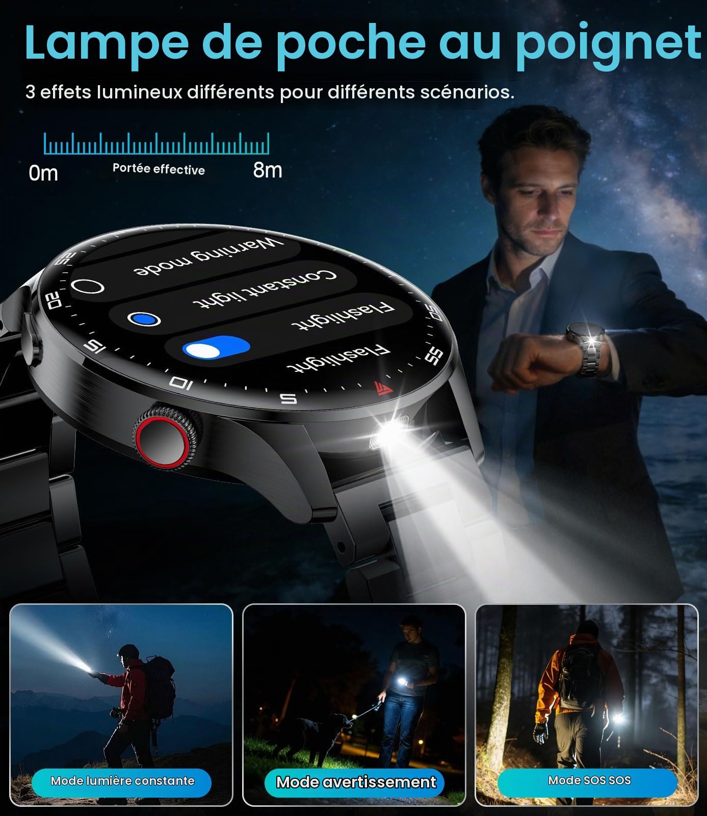 Montre Connectée Homme avec Appel Bluetooth, 1,7" Grande Écran Smartwatch avec Torche LED/800mAh/IP68 Étanche/100+ Modes Sportifs/Fréquence Cardiaque, Sommeil Moniteur pour Android iOS, Noir-Silicone