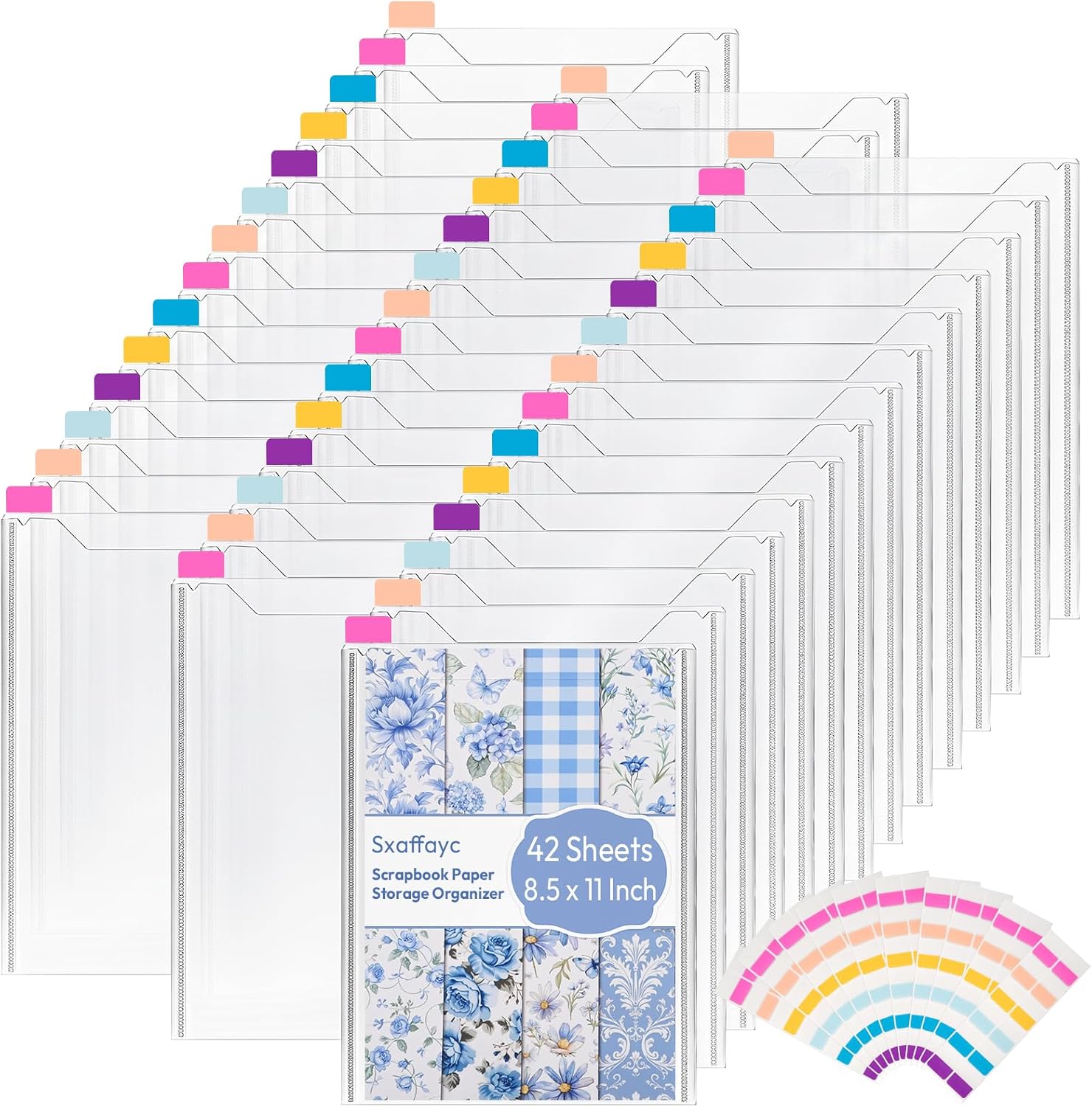 42 Pack 8.5x11 Scrapbook Paper Storage Organizer w/120 Label Stickers, Clear PVC Acid-Free Sleeves for Cardstock, Vinyl, Photos - Craft Room, Office & School