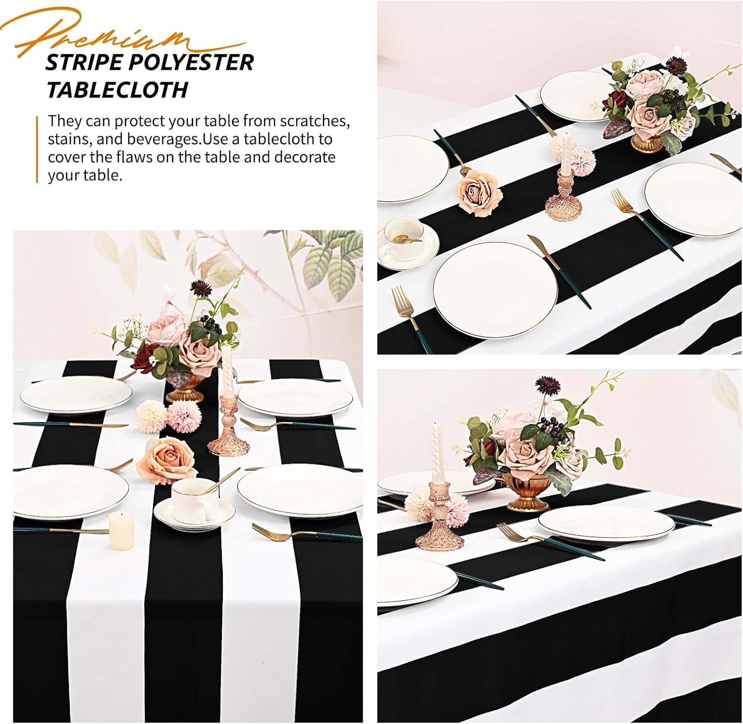 6 Pack Black and White Striped Tablecloth Rectangle 54x108inch Polyester Fabric Washable Table Cloth for Afternoon Tea Table Birthday Party Picnic Barbecue Gathering Indoor Outdoor Dining Decor