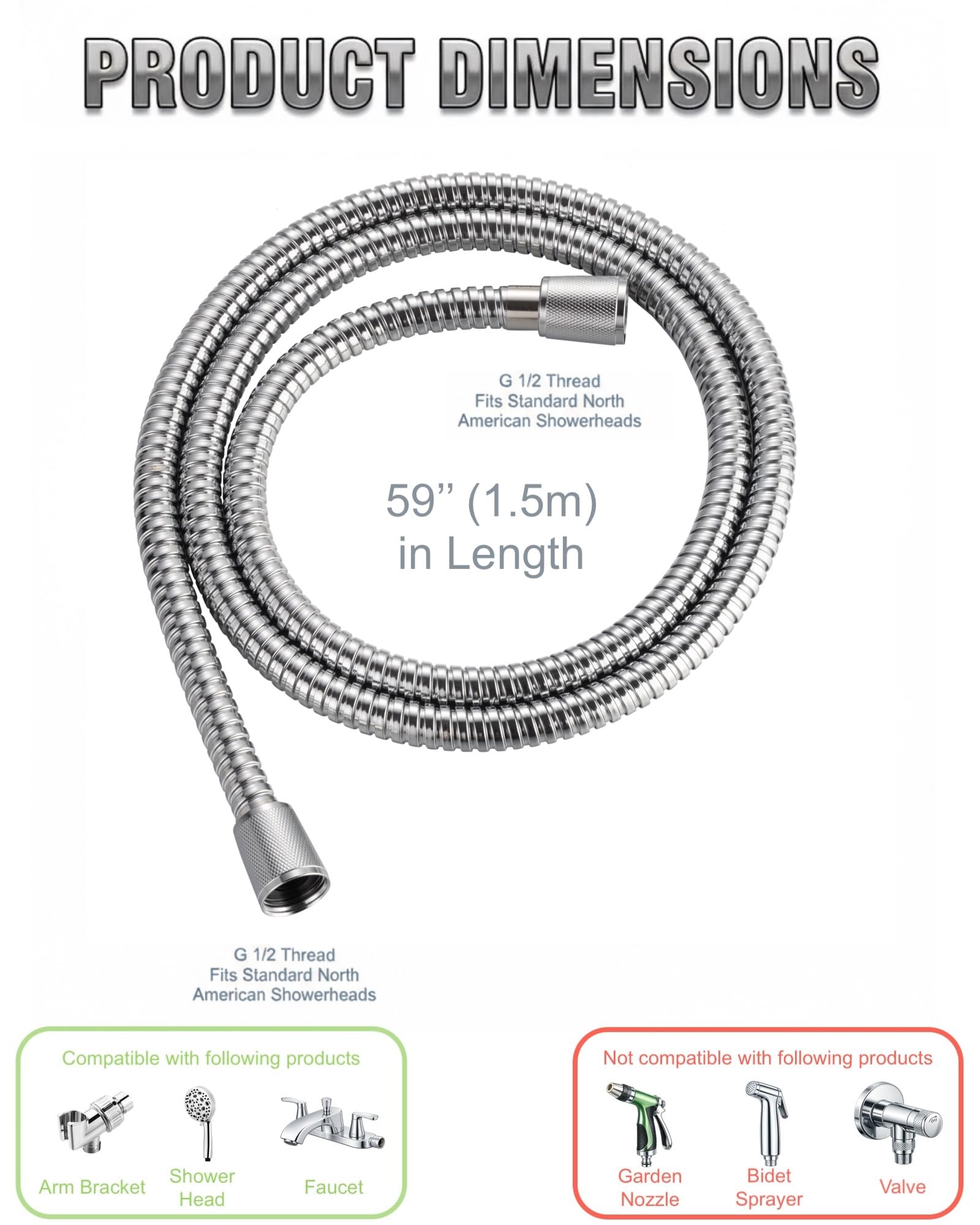 Manguera de ducha flexible de acero inoxidable cromado de 59 pulgadas, de repuesto para manguera de ducha de mano