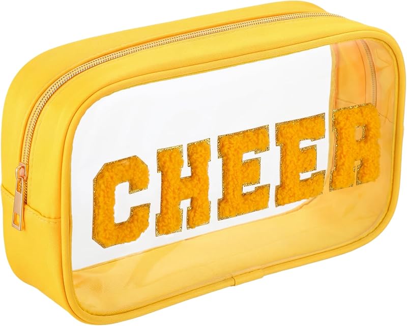 Necessaire de maquiagem Abbylike amarela com letras em chenille e material transparente