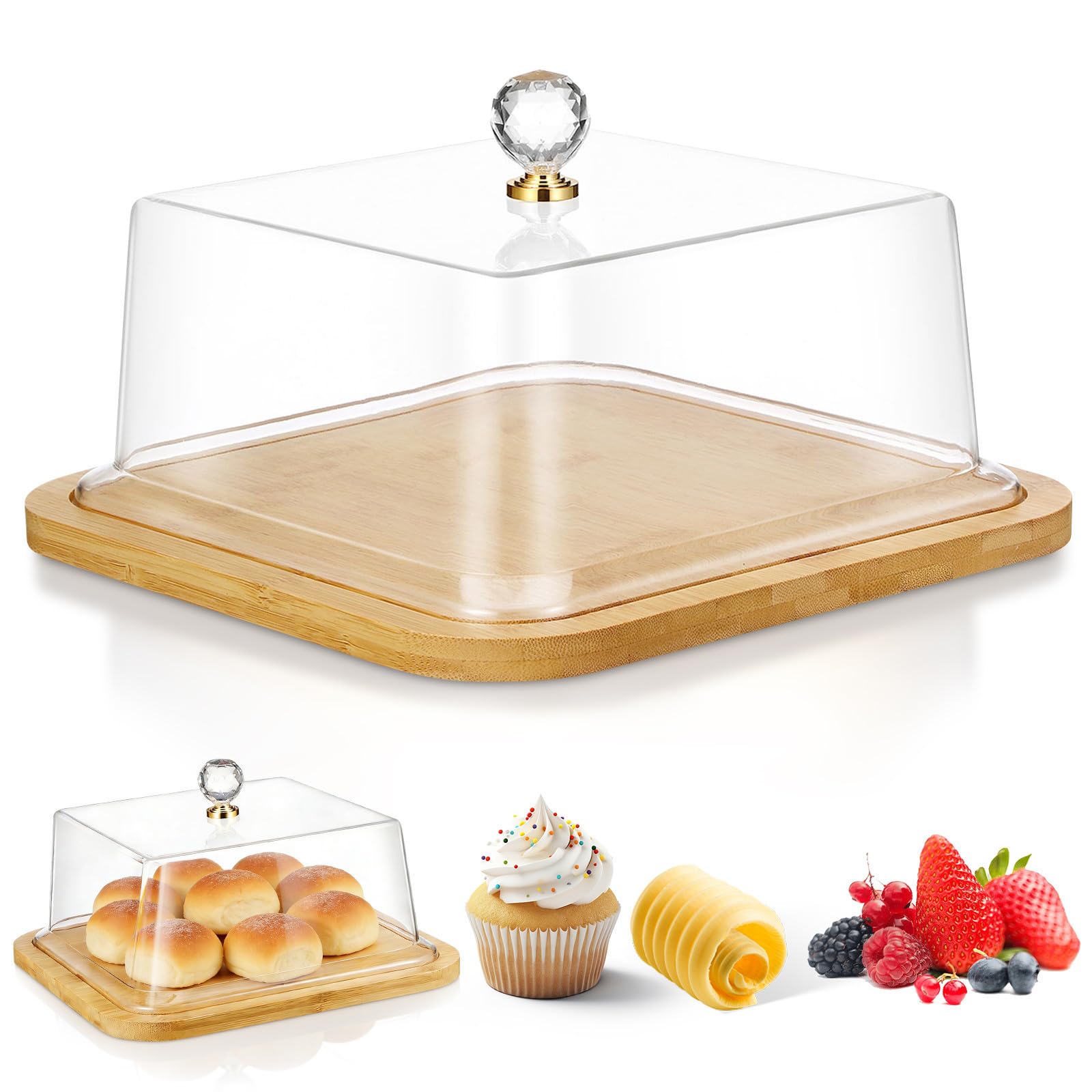 Outanaya Campana Acrílica Transparente para Pasteles con Base de Madera Cuadrada Bandeja con Tapa para Bollería y Postres Expositor Compacto para Bodas Eventos y Panaderías
