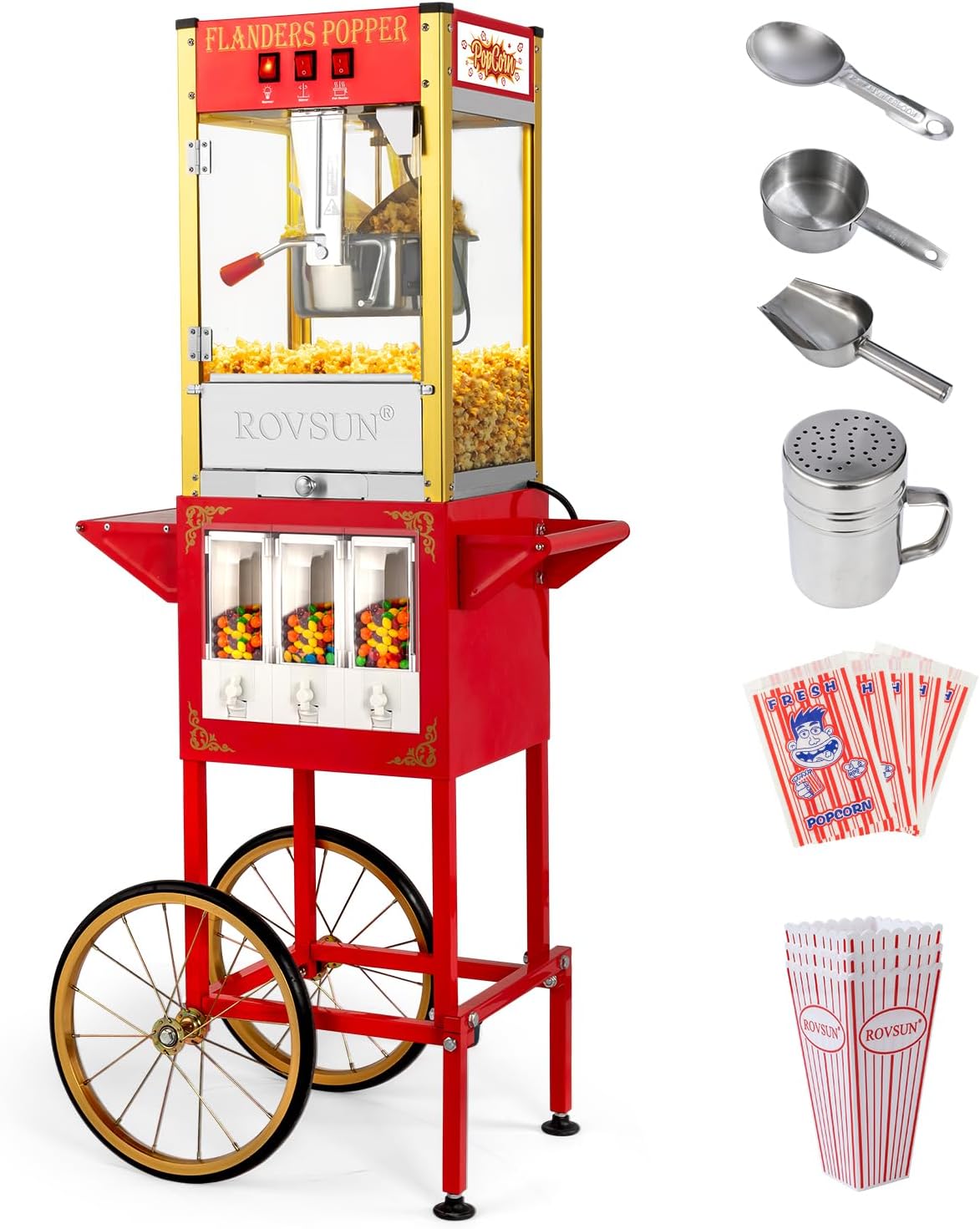 ROVSUN Popcorn Machine Cart with Candy Dispenser, 8 Oz Kettle Makes Up to 32 Cups ETL, Popcorn Maker w/Scoop, Oil Spoon, Bags & Cups, Movie Theater Style Popper for Commercial Home Party, Red