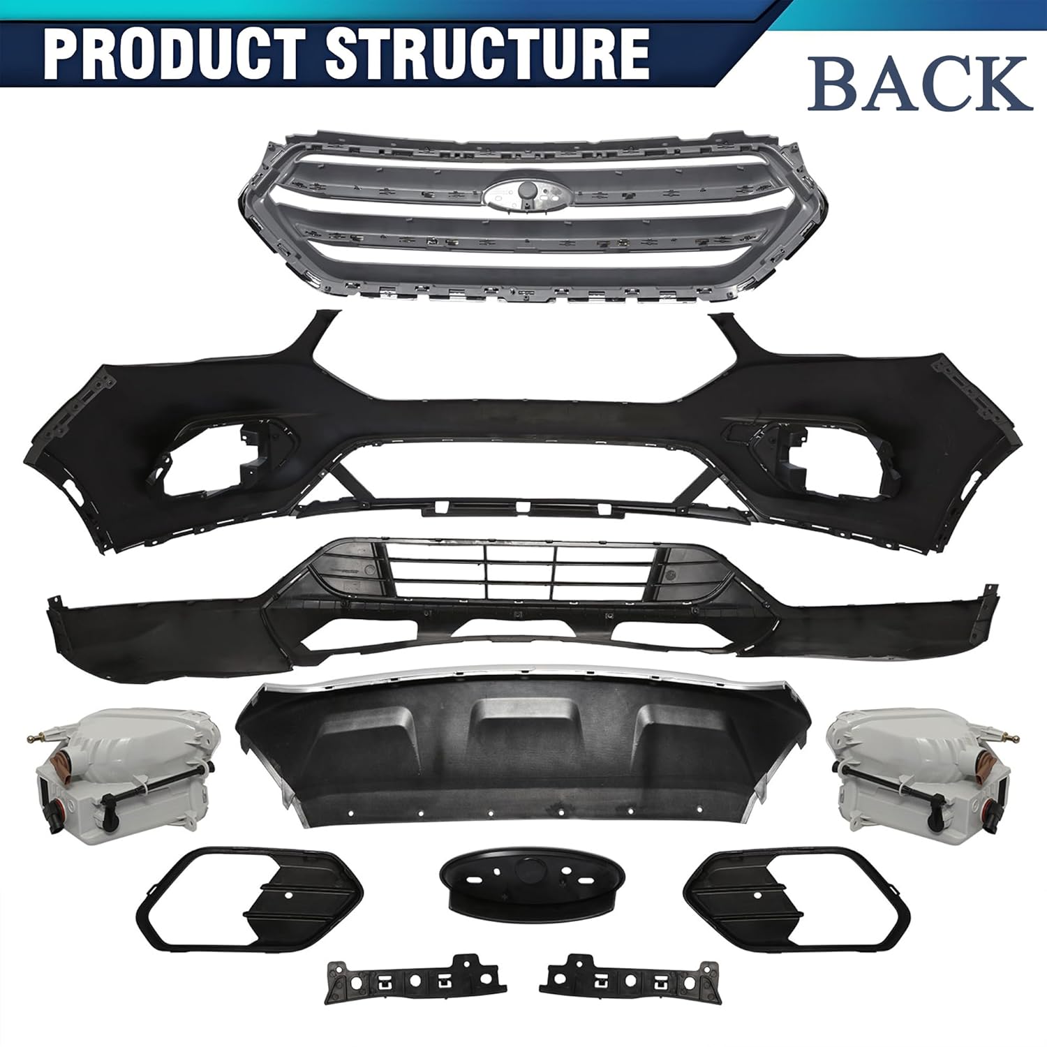 PENSUN Front Bumper Cover Kit for Ford Escape 2017-2019-S SE SEL - Front Bumper Body Kit with Grille, Lower Valance Skid Plate & Fog lights Kit