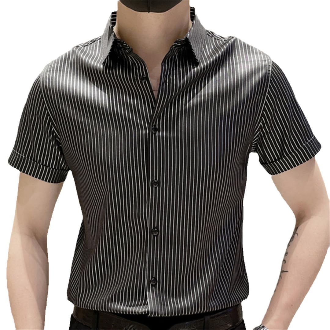 Yeuyyben Camicie A Righe A Contrasto per Uomo 2023 Camicia Slim A Maniche Corte Estiva Camicie Eleganti da Lavoro Camicetta da Smoking