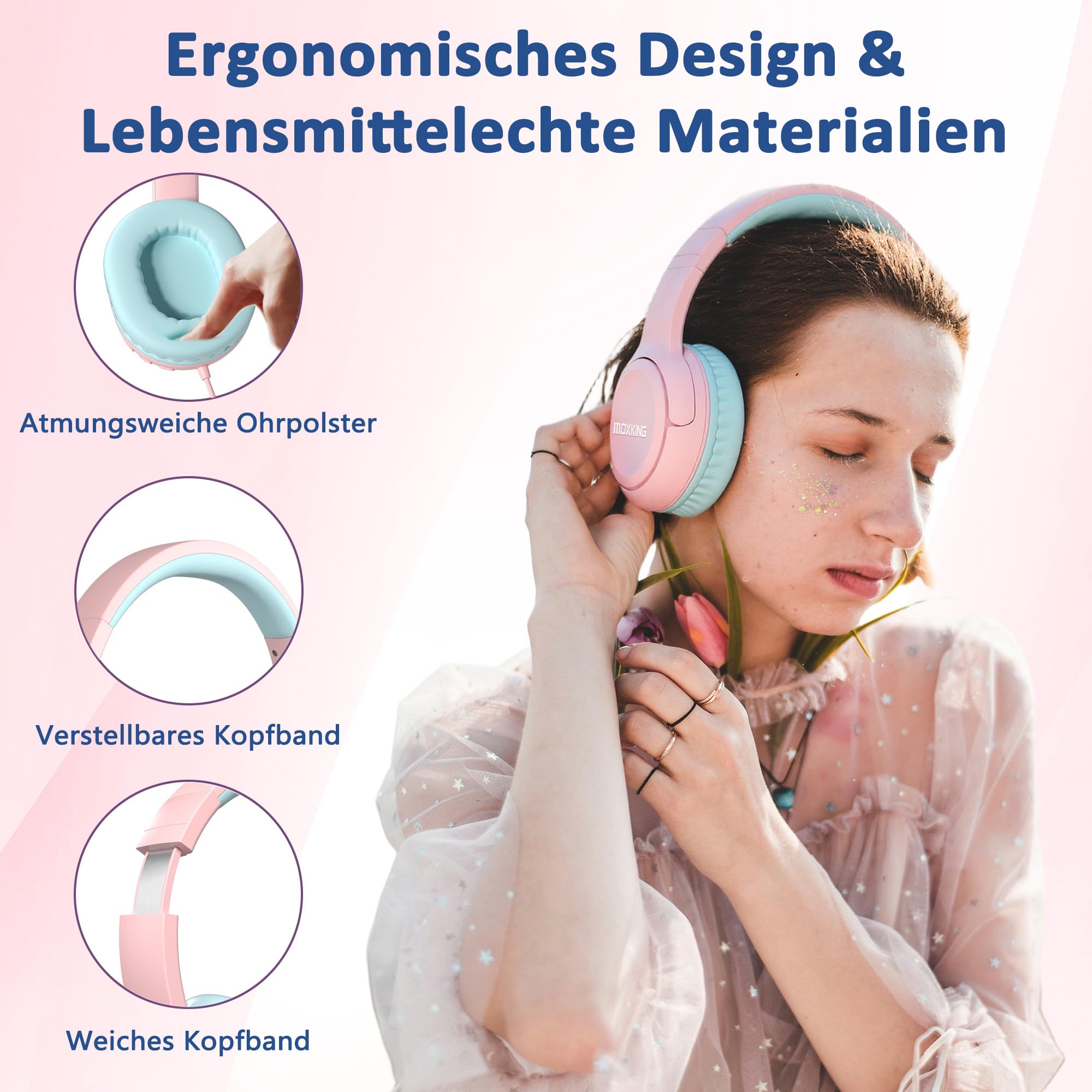 Kinder Over-Ear Kopfhörer mit Kabel und Mikrofon, Lautstärkebegrenzung 85/94 dB, Faltbares Design, für Mädchen & Jungen, Rosa, 3,5mm