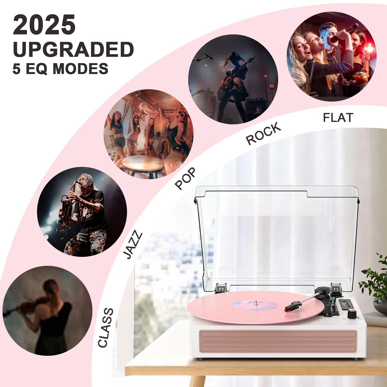 VINYLS LINK Giradischi in vinile con altoparlanti, giradischi Bluetooth con modalità EQ e display LED, giradischi vintage rosa, giradischi a 3 velocità per dischi in vinile, registrazione USB