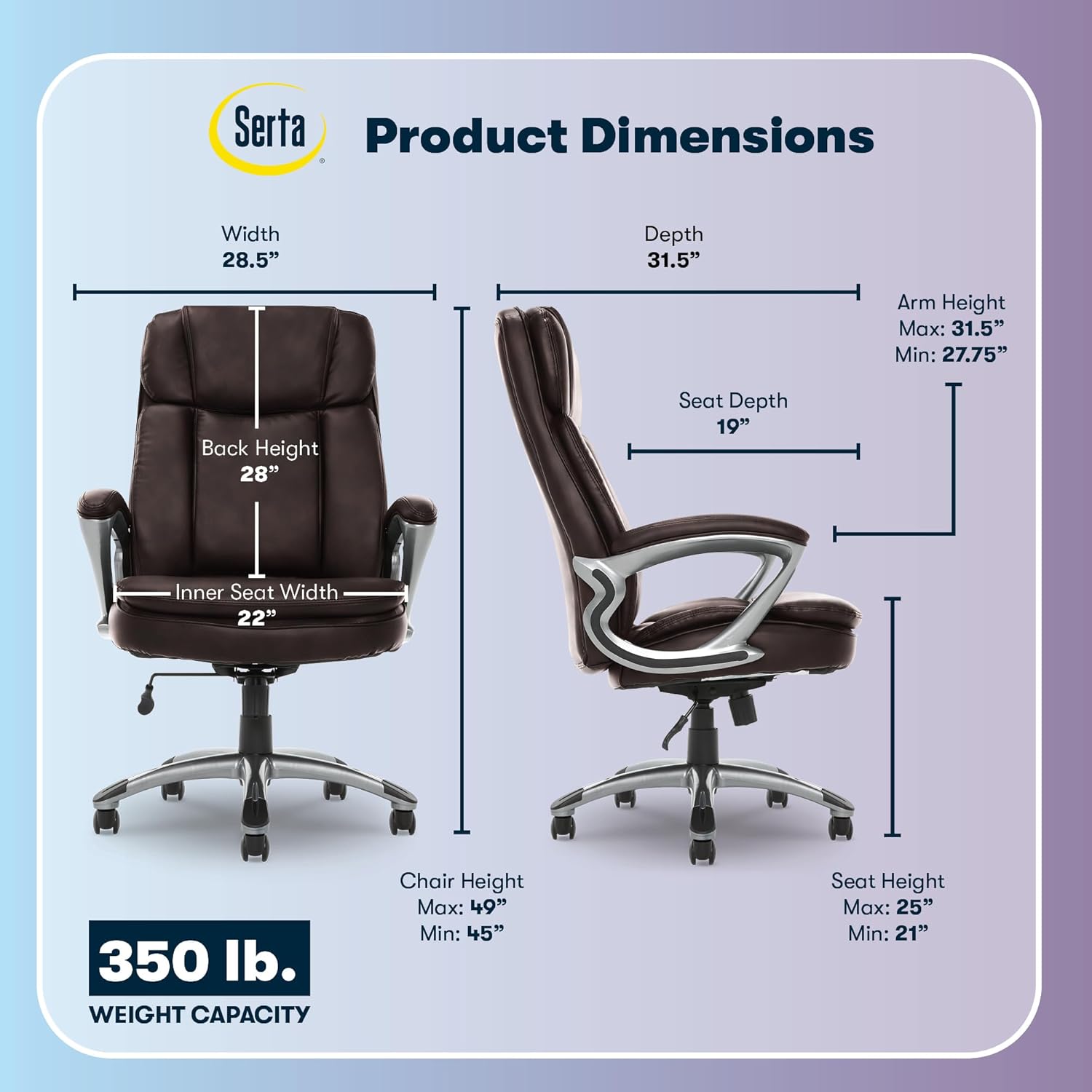 Serta Ergonomic Big and Tall Executive Office Chair Lumbar Support, Leather