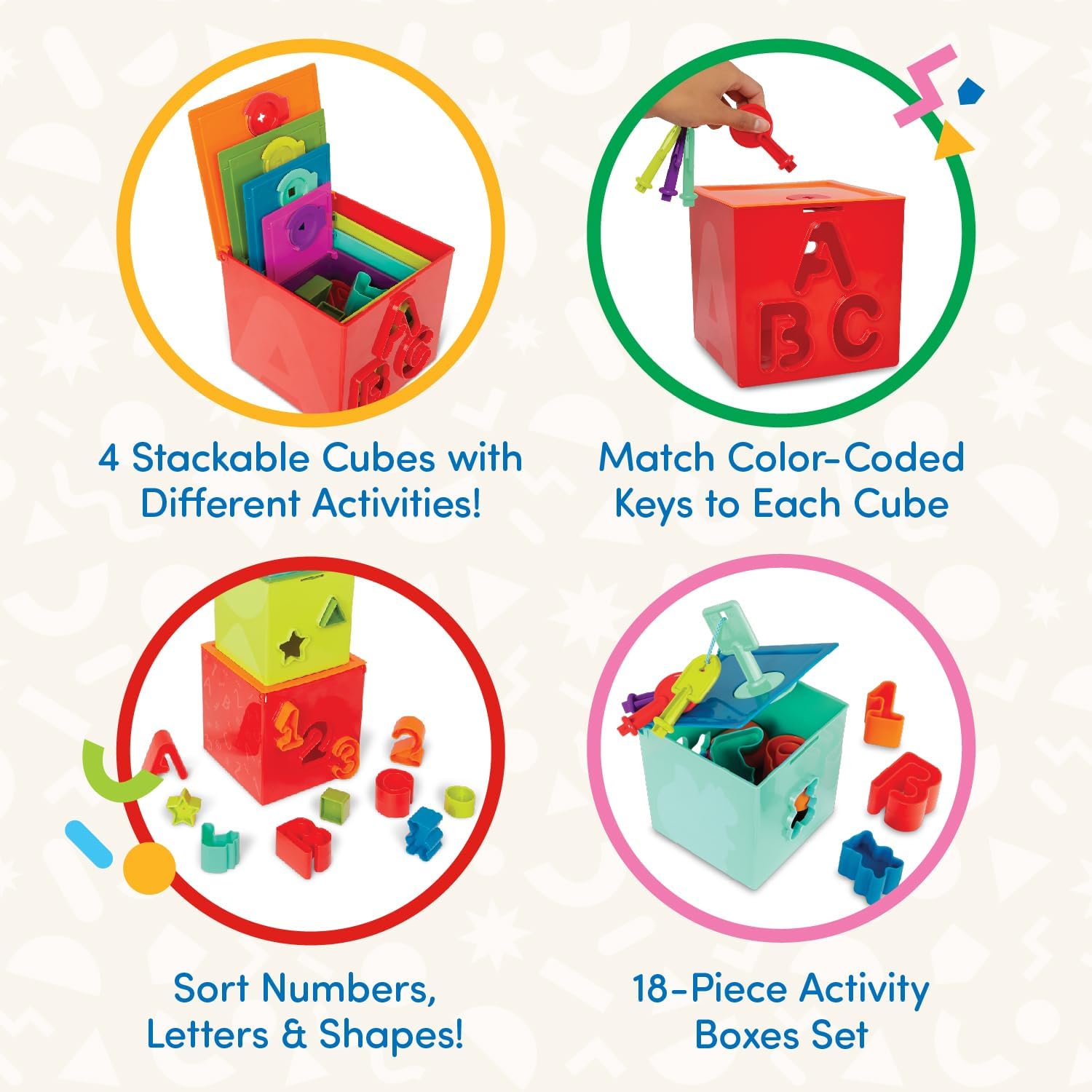 Battat – Sorting & Stacking Boxes – Nesting Toddler Play Cubes – Color – Coded Dexterity Keys – Numbers, Letters & Shapes – 2+ Years – Lock & Learn Activity Cubes