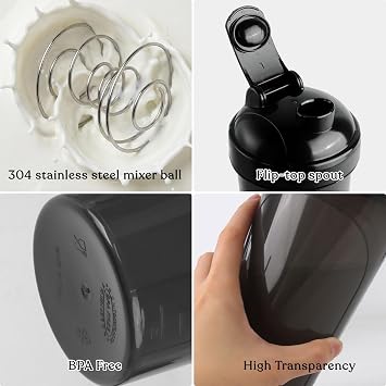 QuiFit Protein Shaker Bottle 2 Pack, 700ML Shaker Water Bottle with Stainless Steel Mixing Ball, Shaker Cup for Supplement Powder Smoothie, Lump-Free BPA Free Dishwasher Safe (Black+Clear)