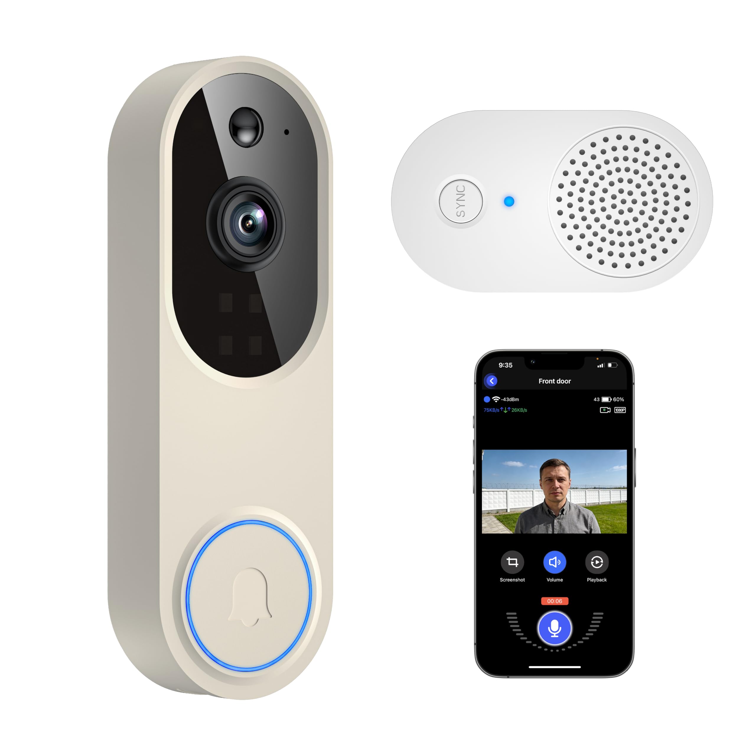 1080P Wireless Video Doorbell with Indoor Ring Chime, Enhanced Security with AI Human Detection, 2-Way Audio, Night Vision, AES-128 Cloud Storage, Real-Time Alerts, Smart Home Protection (Linen)