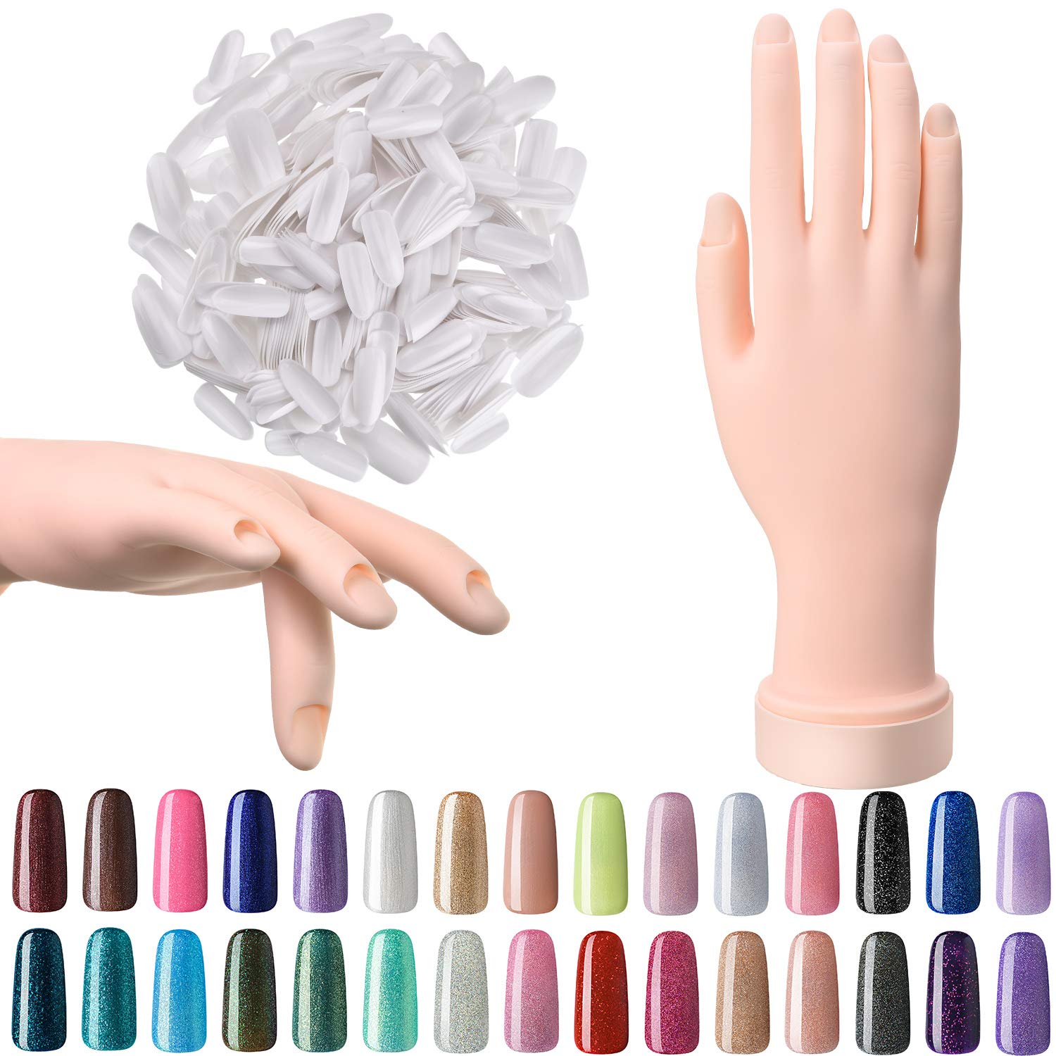 Nail Art Training Practice Hand Bendable Silicone Fake Hand and 500 Pieces White False Nails for Nail Art Training Display (White Nails)