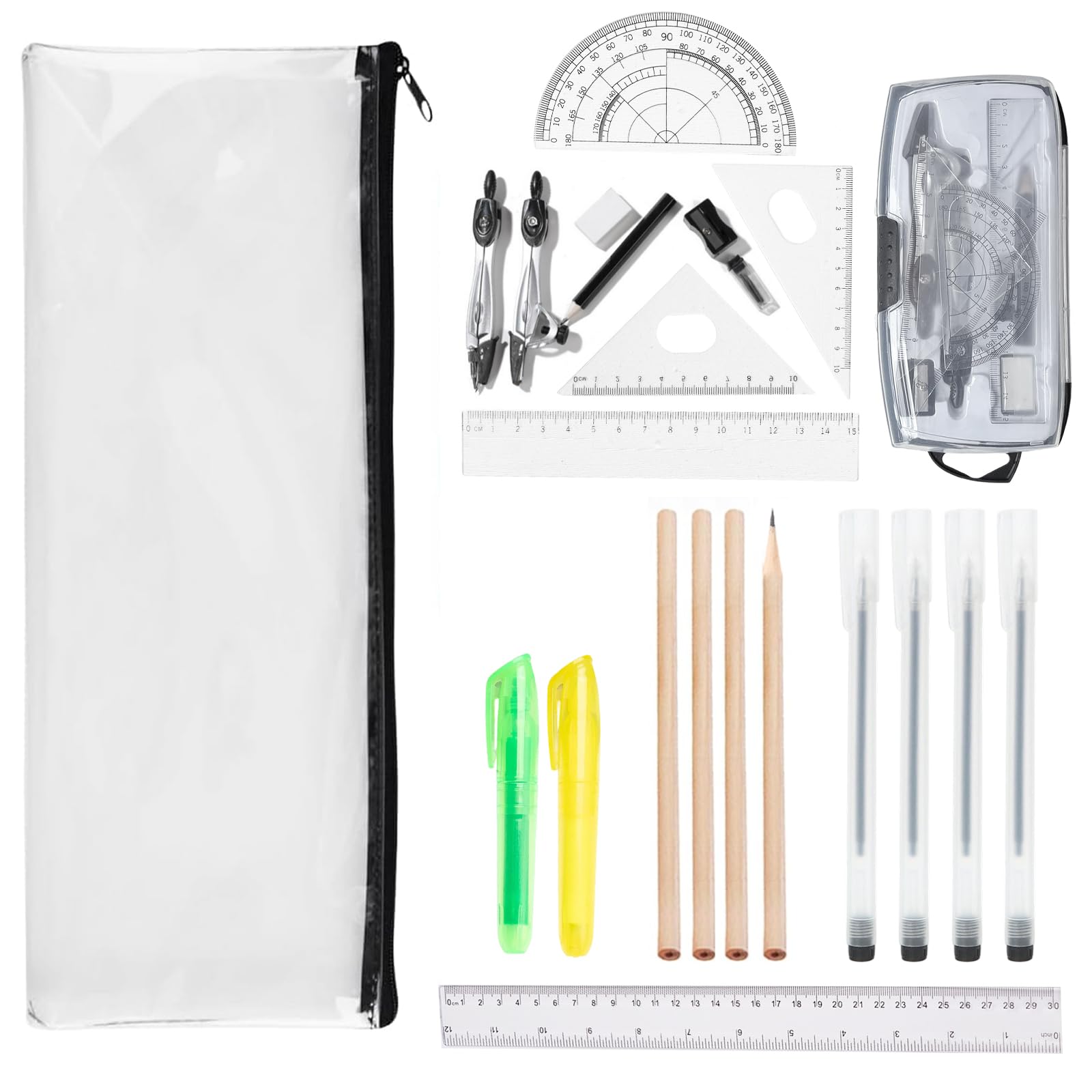 22 Pcs School Stationery Set, Exam Essentials, Filled Pencil Case Includes 1 Clear Pencil Case, 1 30cm Ruler, 1 Compass Set, 4 Signature Pens, 4 Pencils, 2 Highlighters