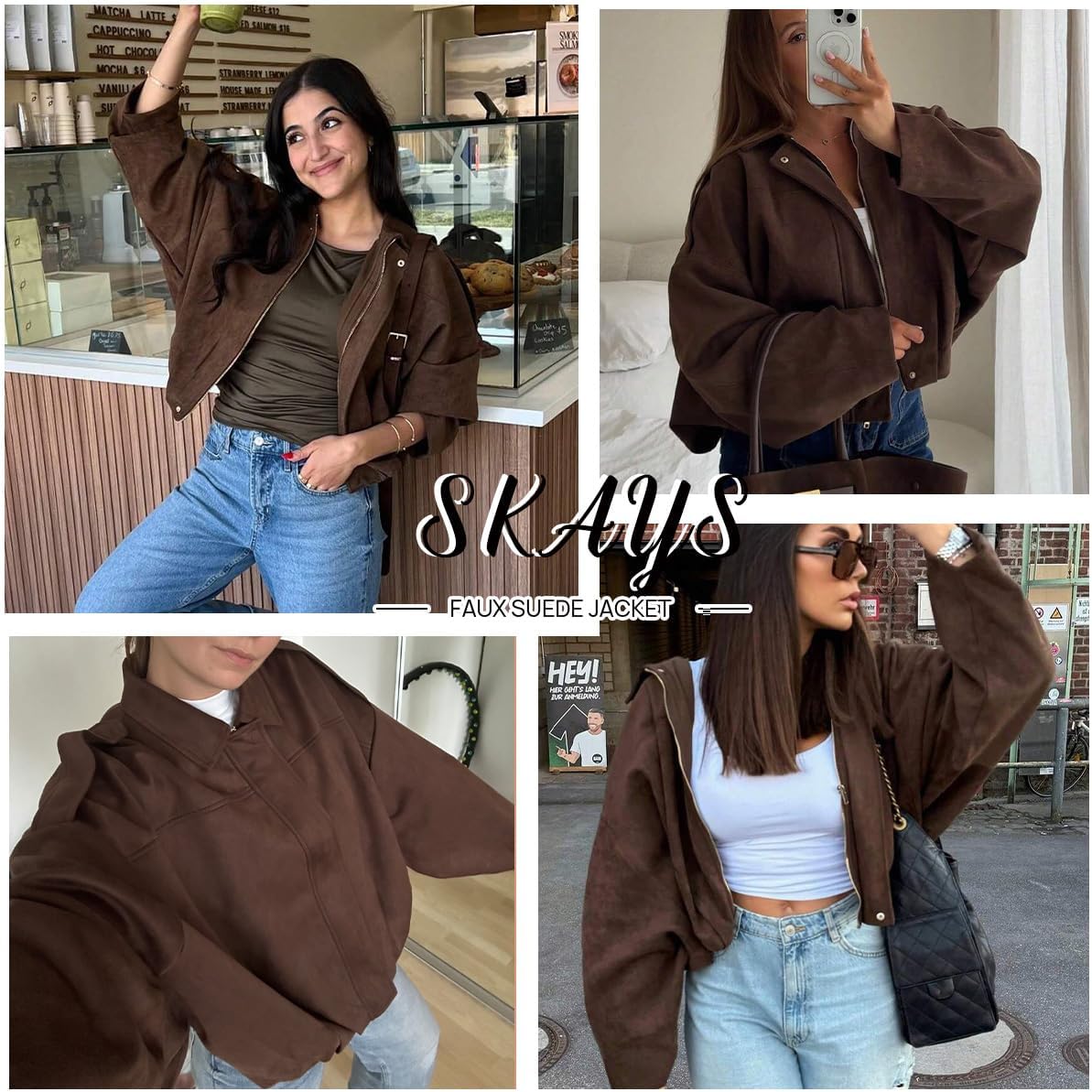 SKAYS Womens Faux Suede Bomber Jacket Lightweight Zip Up Cropped Lapel Pilot Jackets Oversized Casual Motorcycle Coat - Image 2