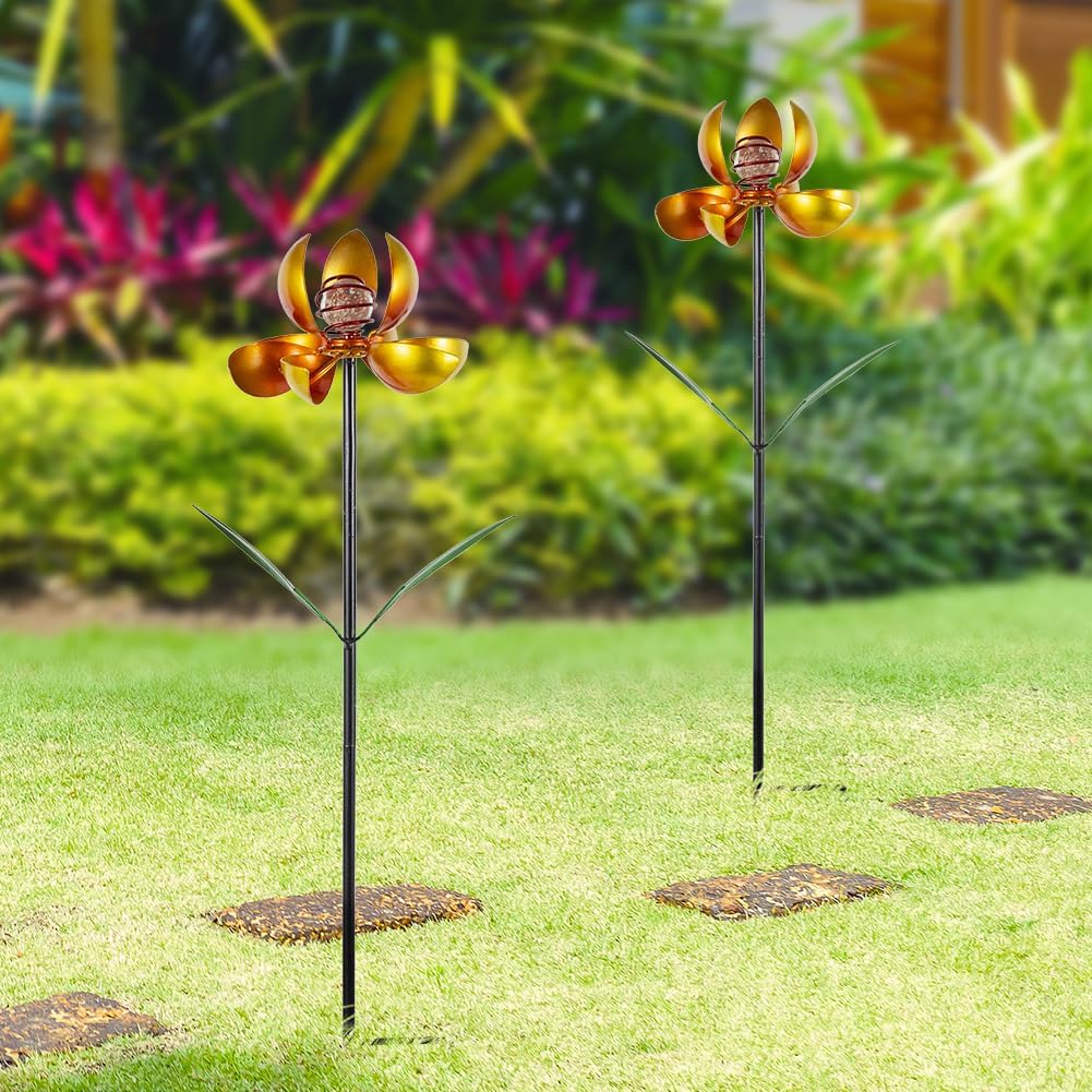 Metal Wind Spinners Outdoor,2Pack Yellow Pinwheels for Yard and Garden, Decorative Garden Stakes for Patio,Lawn, Outdoor
