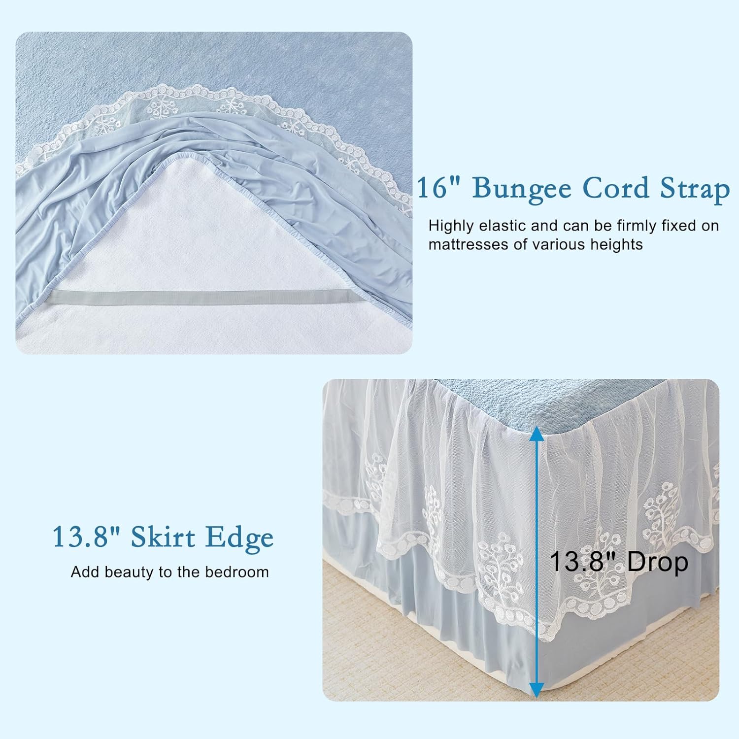 YOUR MOON Cooling Fitted Sheet Queen Size for Summer– Ultra Soft Cold Fitted Sheet for Hot Sleepers Night Sweats, Deep Pocket Cooling Sheet, Decorative with Ruffle Lace Look –Blue