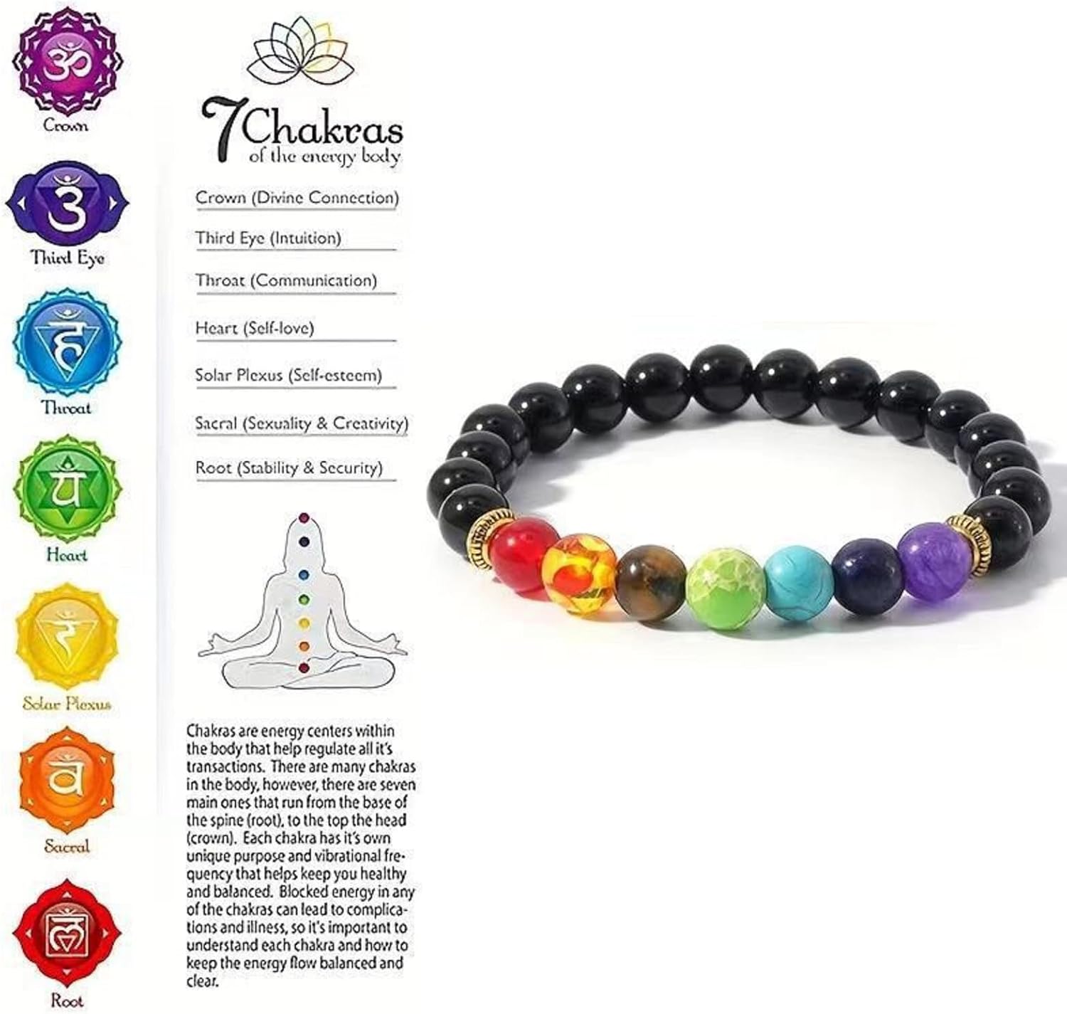 7 Chakra Healing Stone Bracelet for Women,Healing Obsidian Beaded Stretchy Bracelets for Women;Anxiety protection bracelet - Image 3