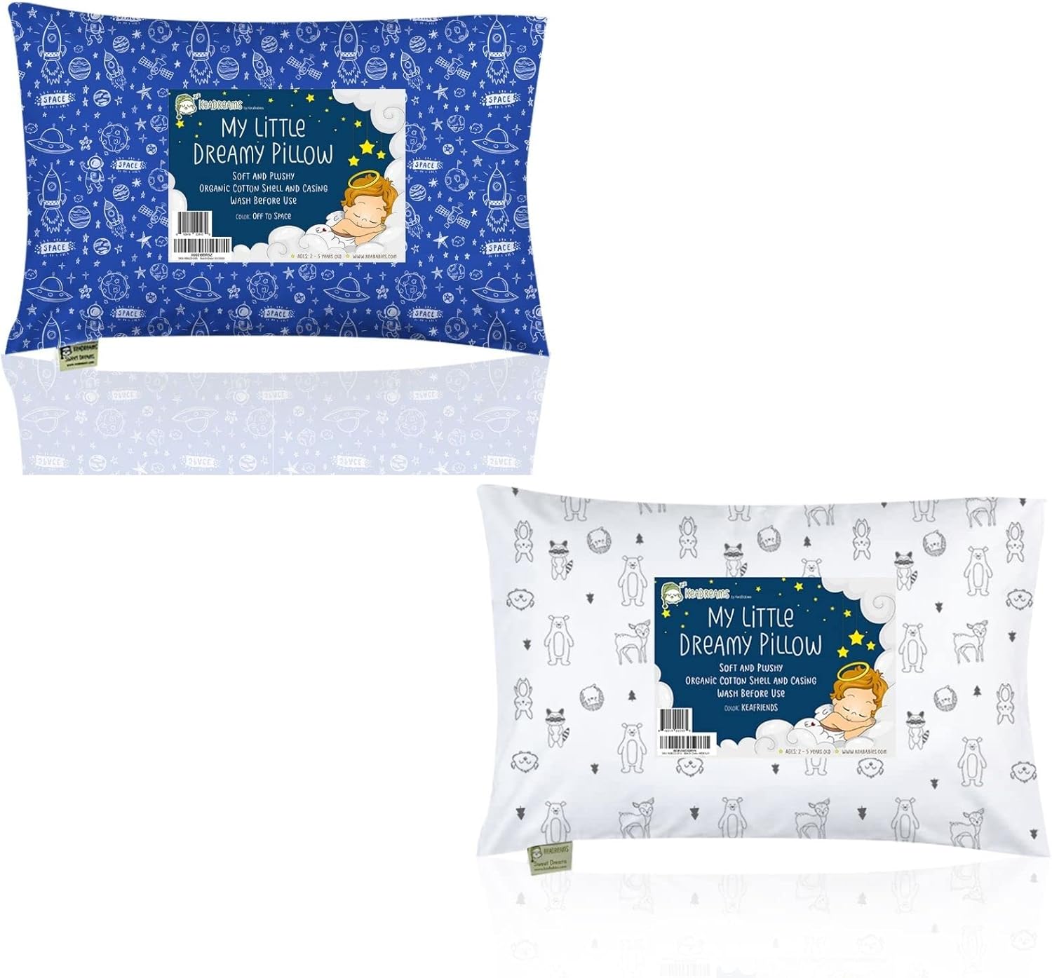 KeaBabies Toddler Pillow with Pillowcase Bundle - Organic Cotton Toddler Pillows for Sleeping (Off to Space & KeaFriends)