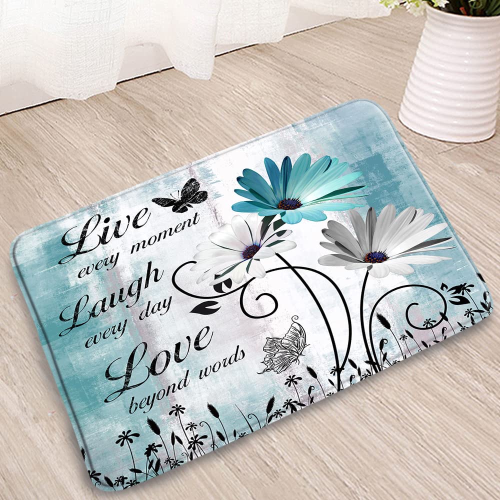 PZMPZM Rustic Farmhouse Bath Rug Farm Teal Daisy Floral Flower Butterfly Inspirational Quote Shower Curtain Turquoise Blue Flannel Non-Slip Mat