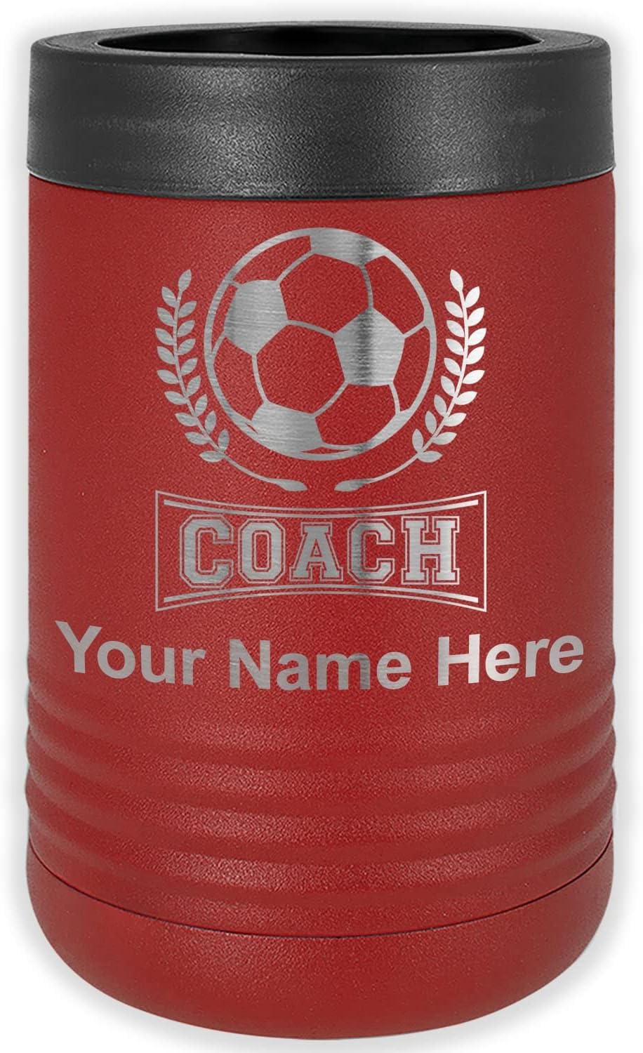LaserGram Personalized 12 oz. Stainless Steel Can & Bottle Insulator, Soccer Coach – Keeps Drinks Cold Longer (Navy Blue)