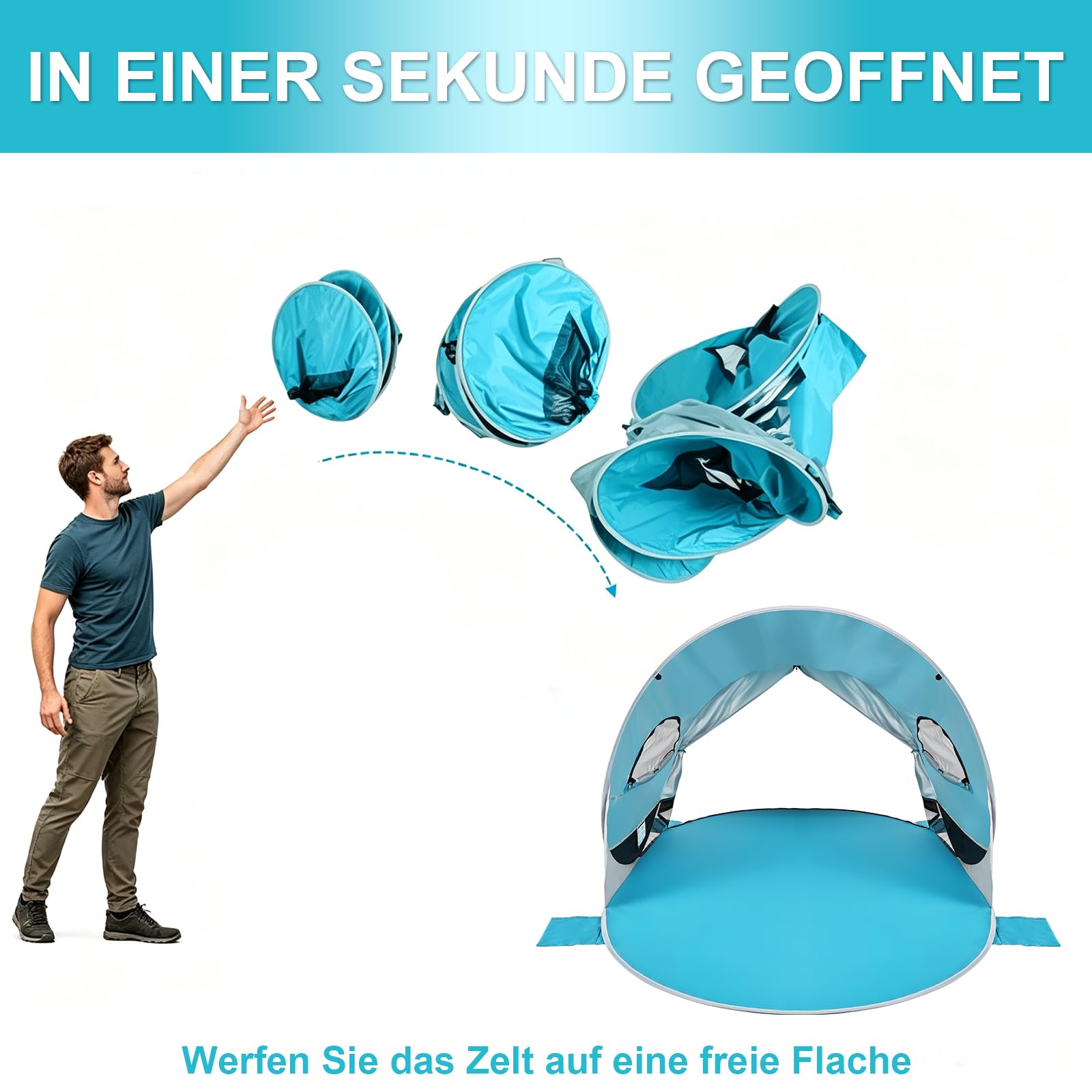 Strandmuschel Pop-Up Strandzelt mit UV-Schutz 50+, 3-4 Personen Zelt, Tragbar Windschutz & Sonnenschutz Wurfzelt Sonnenzelt für Baby Kinder Familie Strand Camping Garten