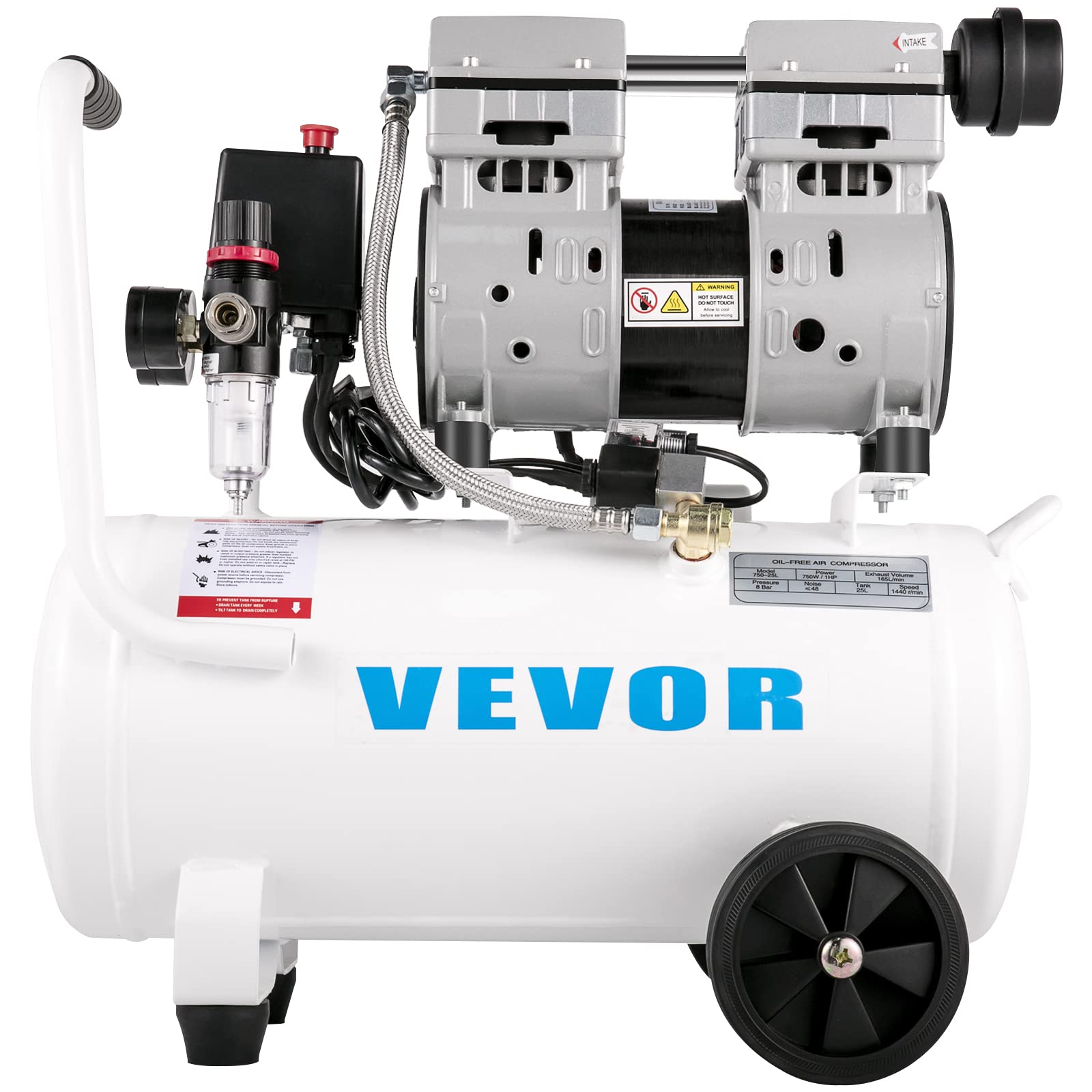 VEVOR Compressore Silenzioso 750W, Oil-free 25 L, Pressione 8 Bar, 220V, Compressore d'Aria Portatile, Rumorosità: 68 dB, per Esigenze di Gonfiaggio