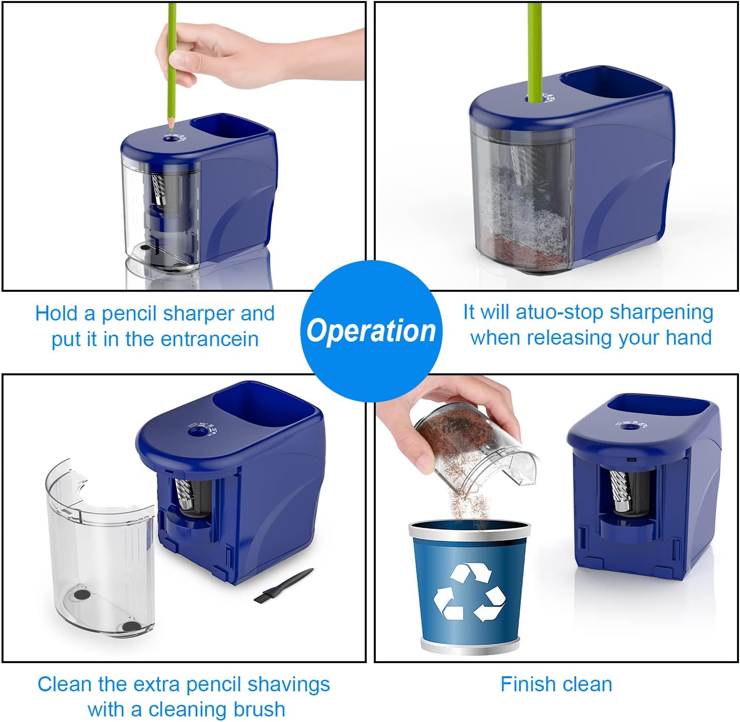 Electric Pencil Sharpener Heavy-Duty Helical Blade Sharpener with Adapter/Battery Operated for No.2/ (6-8mm) Pencils with Auto Stop & Cleaning Brush in School/Classroom/Office (Blue)