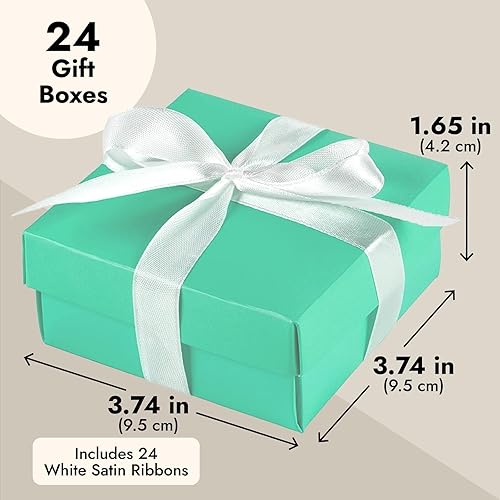 Miniatura 4 de BLUE PANDA Mini cajas de regalo de joyería, 3.74 x 3.74 x 1.65 pulgadas, paquete de 24, color verde azulado con tapas y cintas, cajas de regalo de