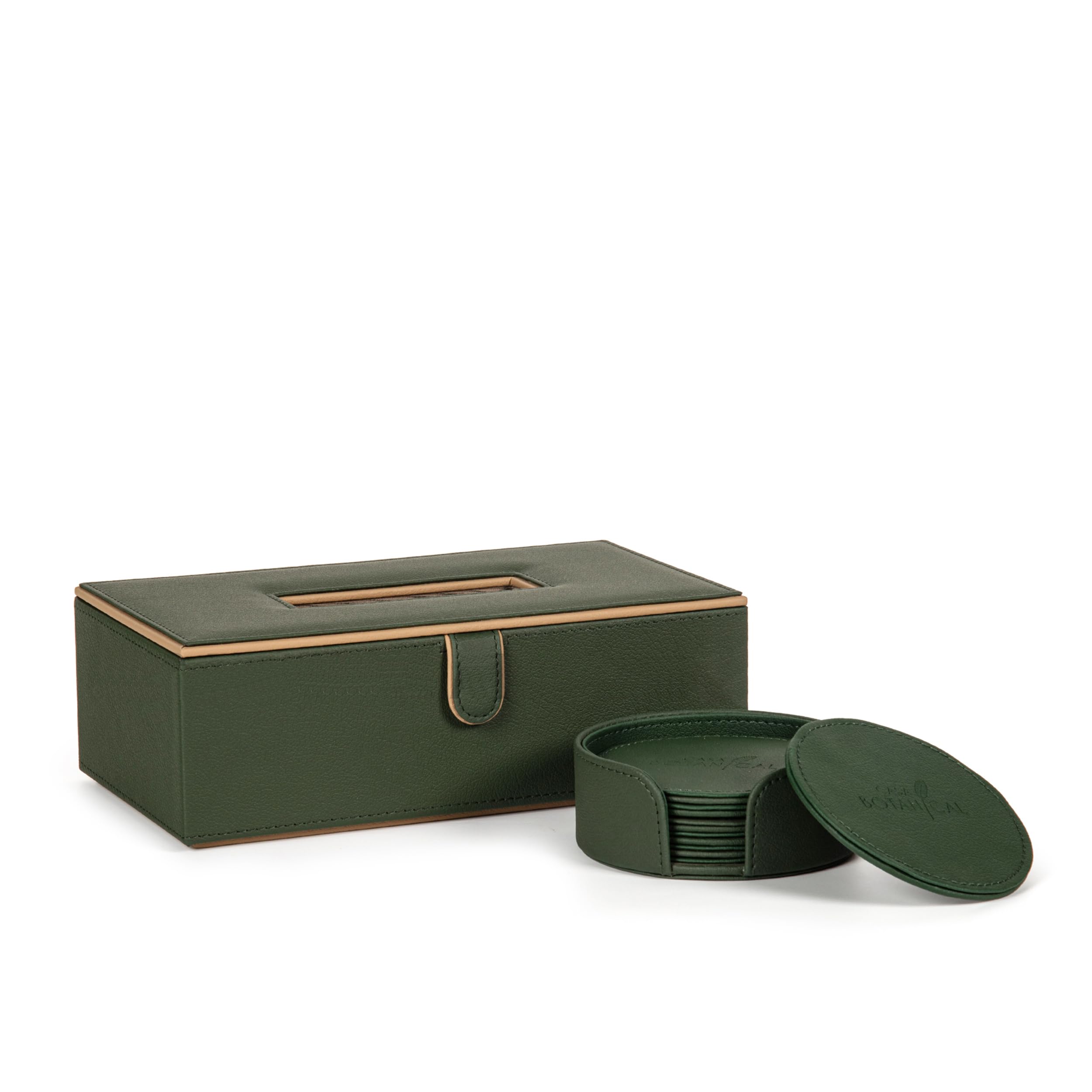 2.CASA BOTANICAL Leather Car Tissue Box & Tea Coasters Combo - Set of 2 (Green) | Napkin Holder & Tissue Dispenser for Cars, Office, Dining Room, Home Decor