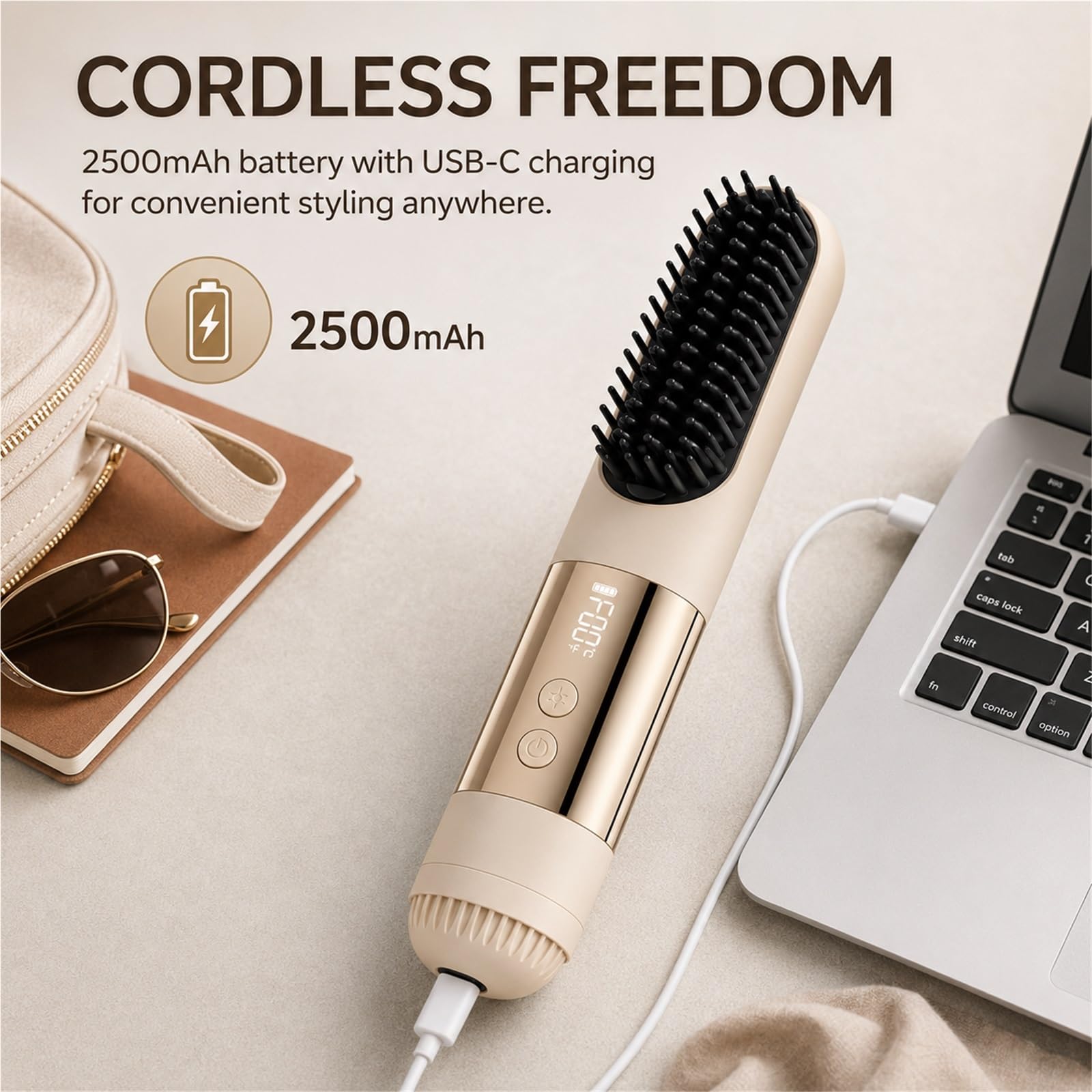 Cepillo Alisador de Pelo Corto Inalámbrico Recargable USB con 3 Temperaturas y Pantalla LED Mini Cepillo Alisador Portátil de Cerámica para Viajes y Retoques