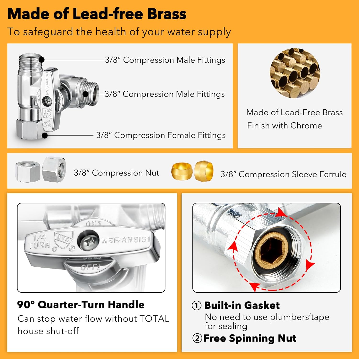 3/8" Brass Compression Angle Stop Valve, Water Line Splitter Connector Tee for Dishwasher, Commercial Sink Faucet, and Water Supply Line (Pack of 4)