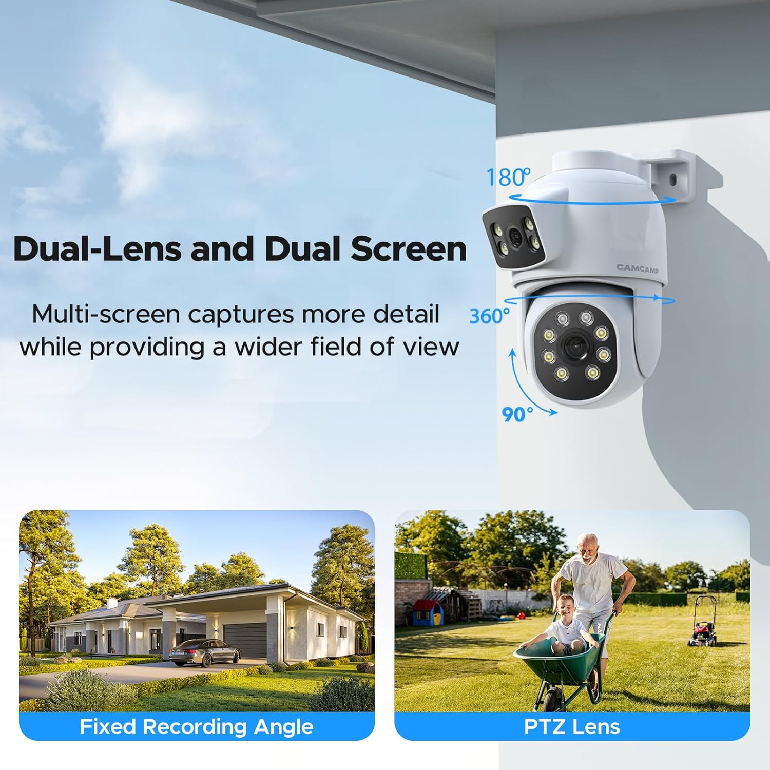 CAMCAMP POE Security Camera System,Dual Lens Wired Security Camera System Outdoor,4pcs 2-in-1 Cameras,2-Way Audio,Auto Tracking,PTZ, Color Night Vision, 8CH NVR with 500GB HDD for 24/7 Recording