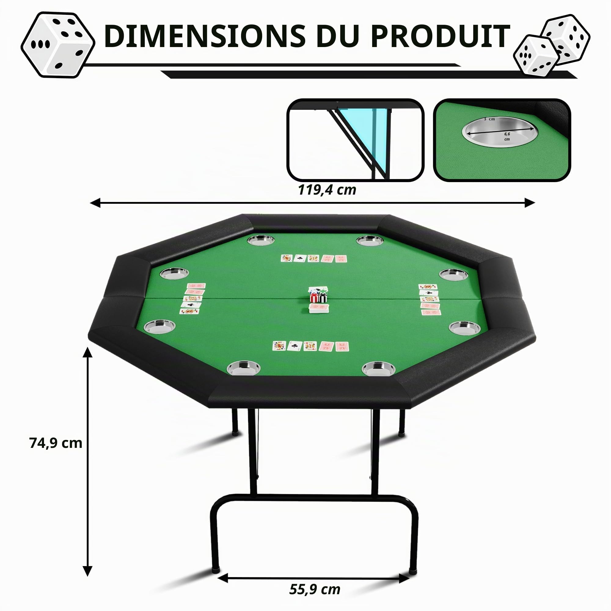Poker table professionnelle en acier inoxydable, 120 x 120 cm, pliable de qualité casino, pour 8 joueurs, coussin de porte-gobelets