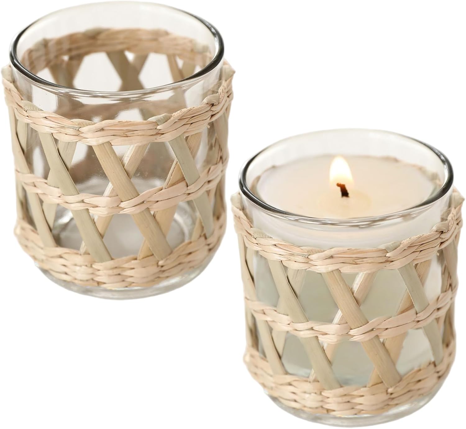 Woven Rattan Candle Holder, 2PCS Straw Woven Glass Decorative Tealight Candle Holder for Dining Table Kitchen Wedding Decor, 2.76x3.15 inch