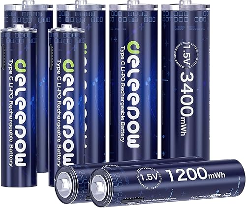 Miniatura 7 de Deleepow Baterías AA recargables 4 unidades de 1.5 V 3400 mWh USB baterías de litio recargables y 4 baterías recargables de litio AAA de 1200 mWh,